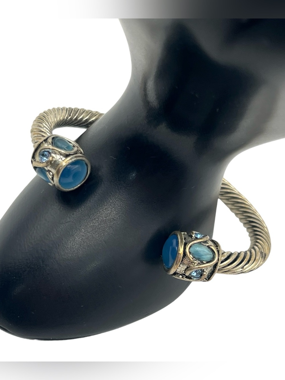 Blue faux stone cabochon silver tone twisted cuff bracelet